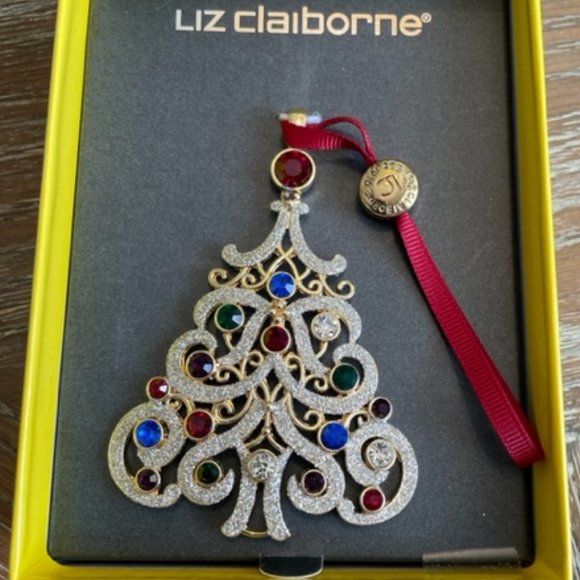 NWT LIZ CLAIBORNE 2016 Holiday Christmas Ornament Jeweled Tree In Box Gold Tone - Picture 2 of 4